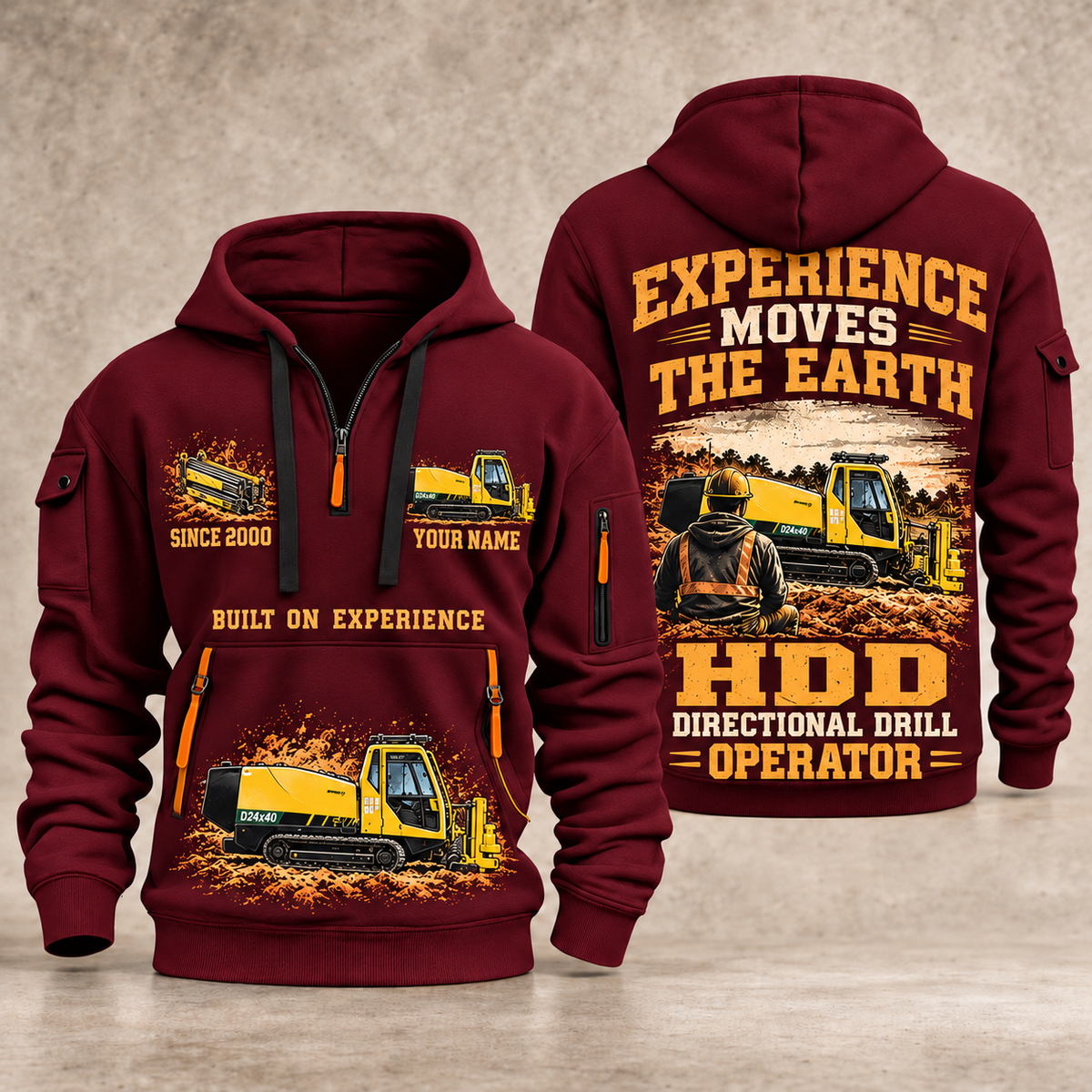 Vermeer D24x40 S3 HDD Directional Drill quarter zip hoodie in Wine Red, front and back views, sample YOUR NAME and SINCE 2000 artwork