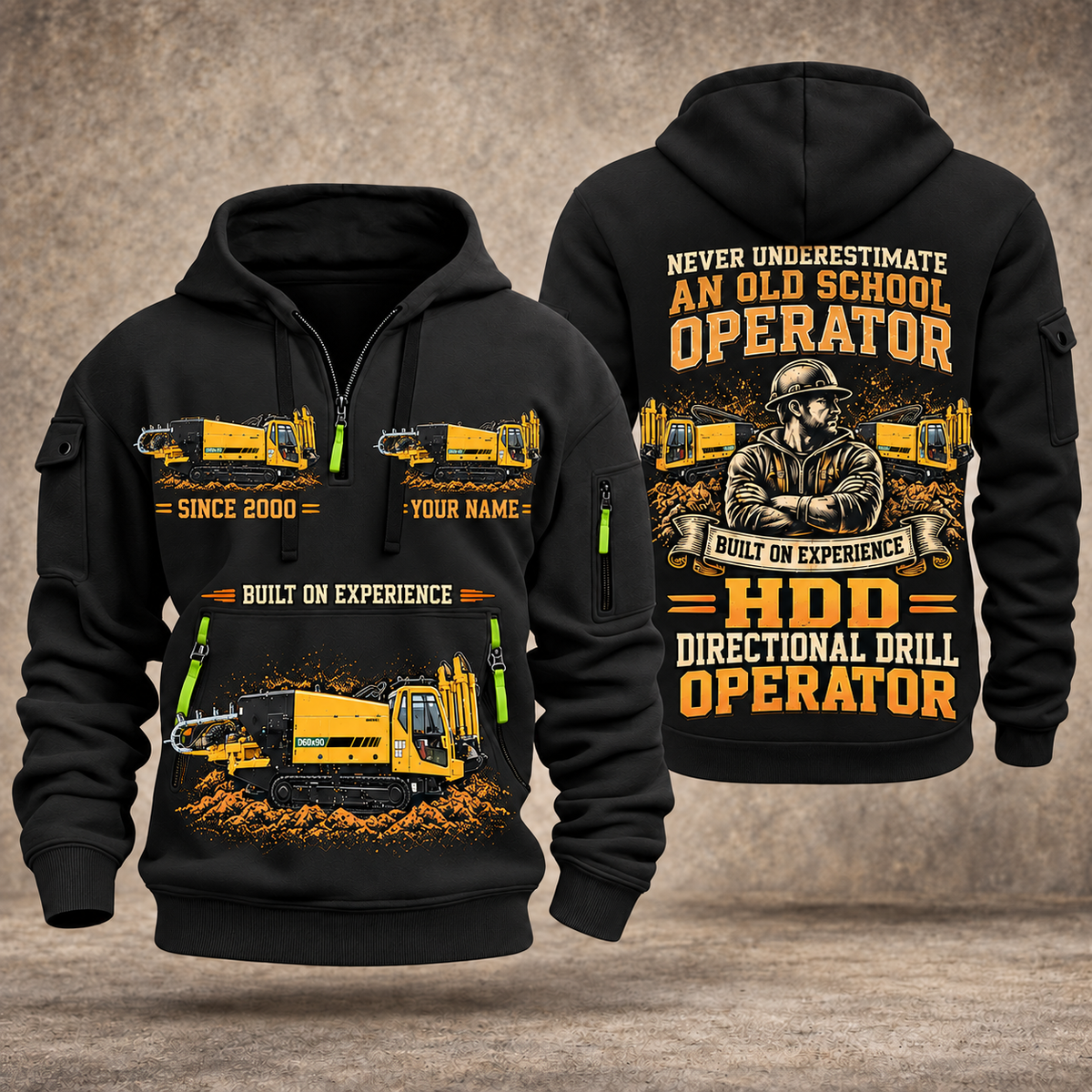 Vermeer D60x90 S3 HDD Directional Drill quarter zip hoodie in Black, front and back views, sample YOUR NAME and SINCE 2000 artwork