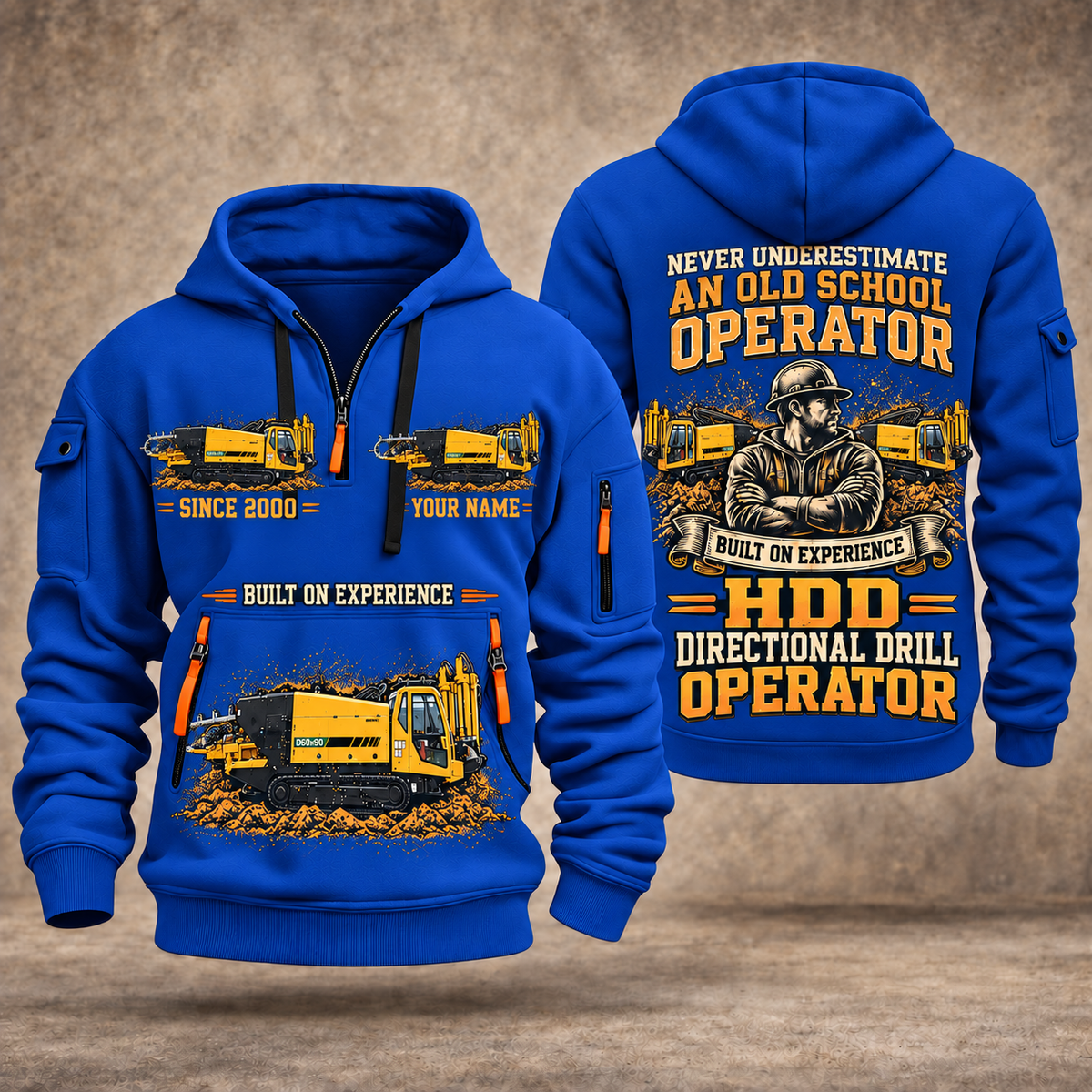 Vermeer D60x90 S3 HDD Directional Drill quarter zip hoodie in Blue, front and back views, sample YOUR NAME and SINCE 2000 artwork