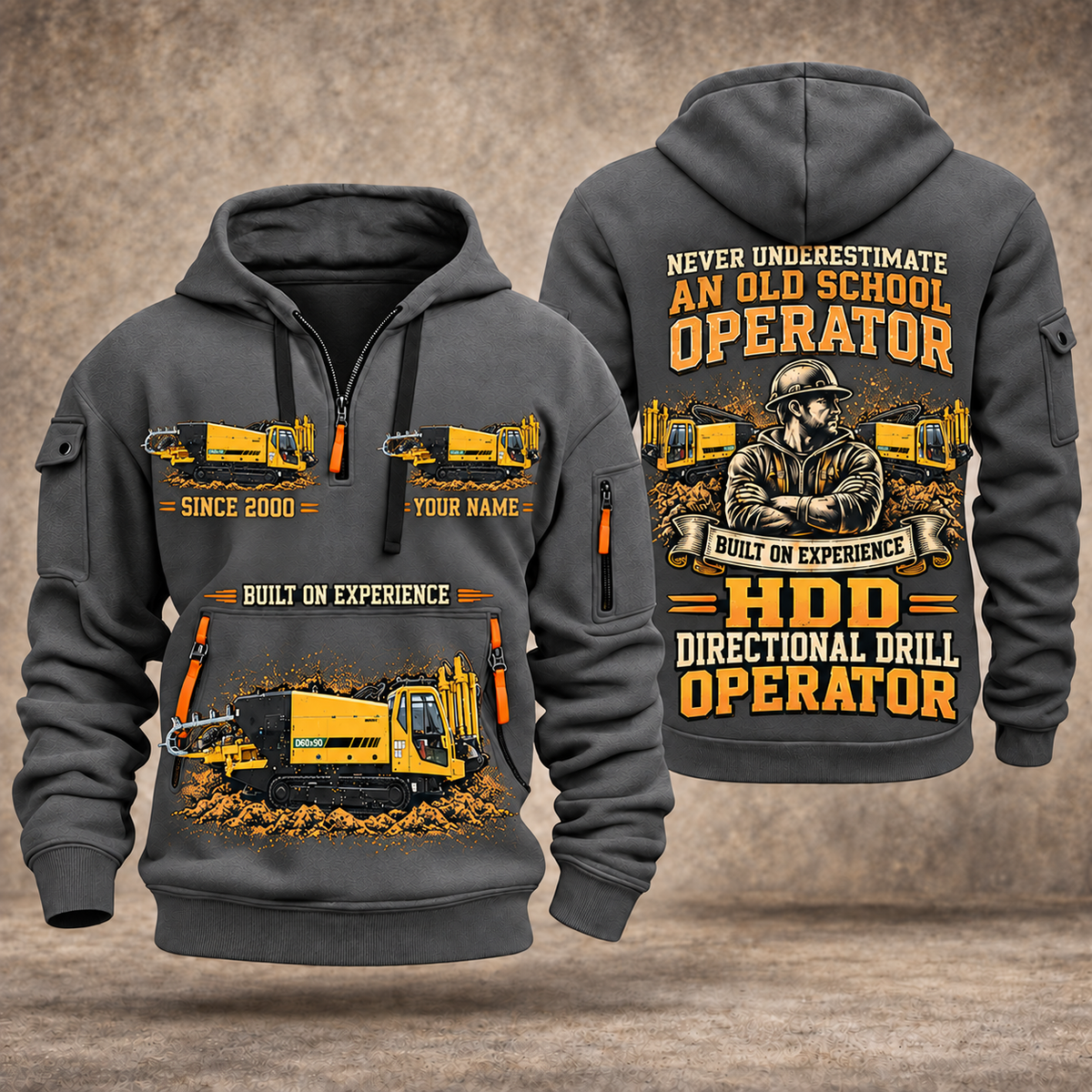 Vermeer D60x90 S3 HDD Directional Drill quarter zip hoodie in Gray, front and back views, sample YOUR NAME and SINCE 2000 artwork