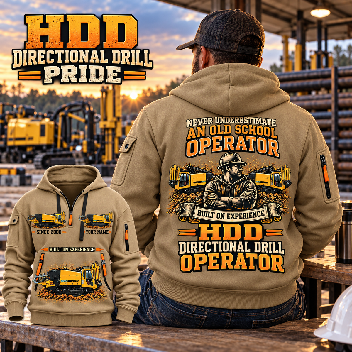 Vermeer D60x90 S3 HDD Directional Drill quarter zip hoodie in Khaki, adult lifestyle portrait showing front and back artwork