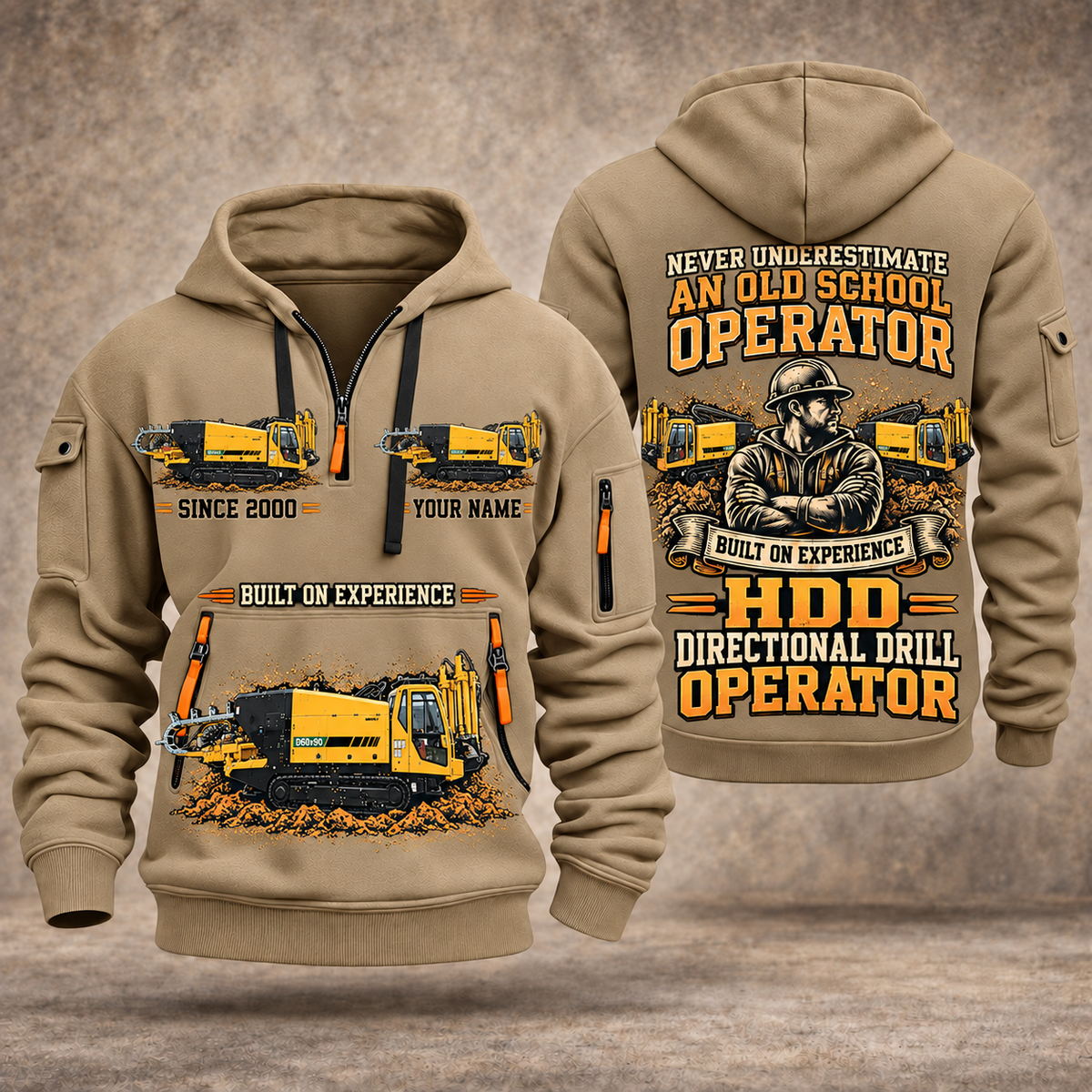 Vermeer D60x90 S3 HDD Directional Drill quarter zip hoodie in Khaki, front and back views, sample YOUR NAME and SINCE 2000 artwork