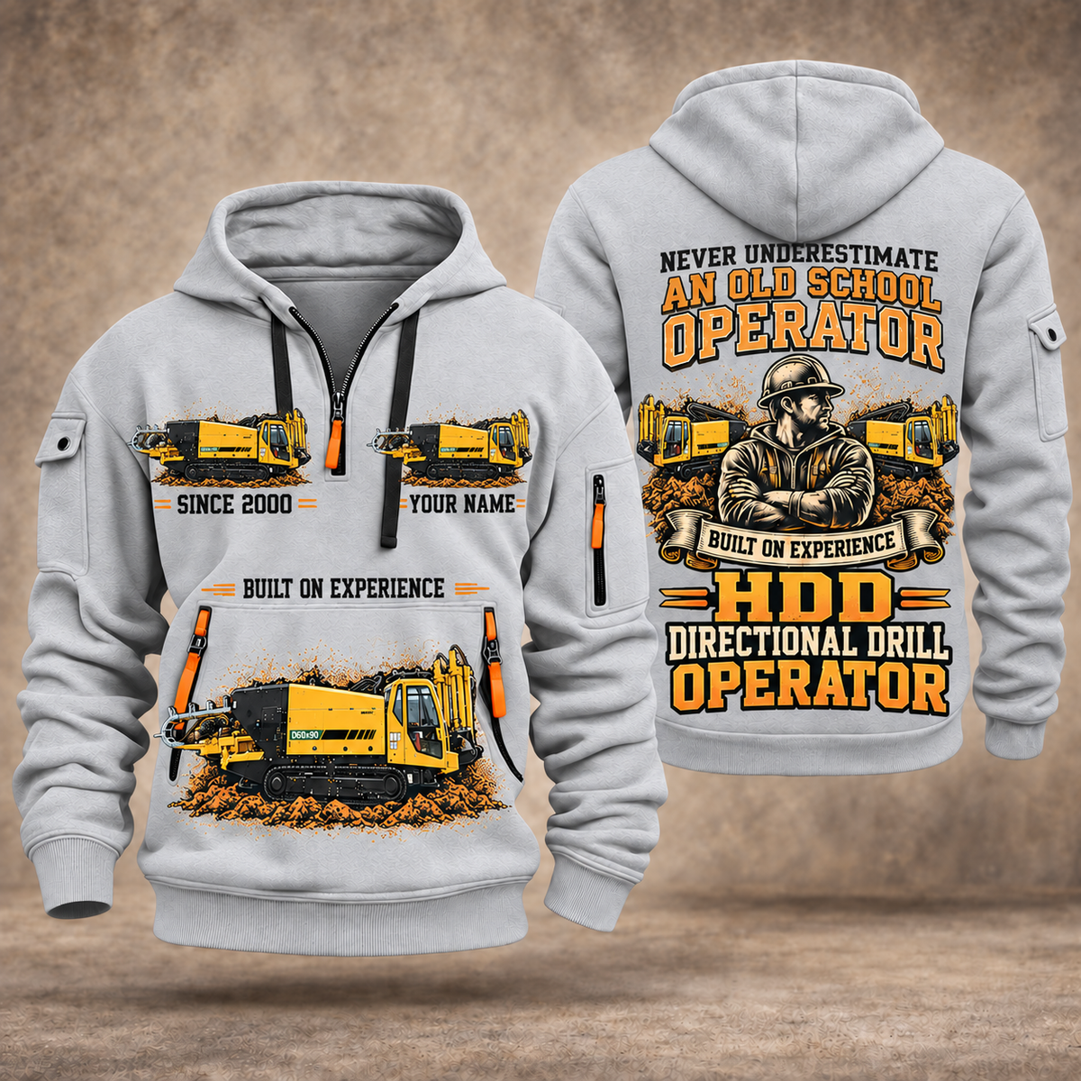 Vermeer D60x90 S3 HDD Directional Drill quarter zip hoodie in Light Grey, front and back views, sample YOUR NAME and SINCE 2000 artwork