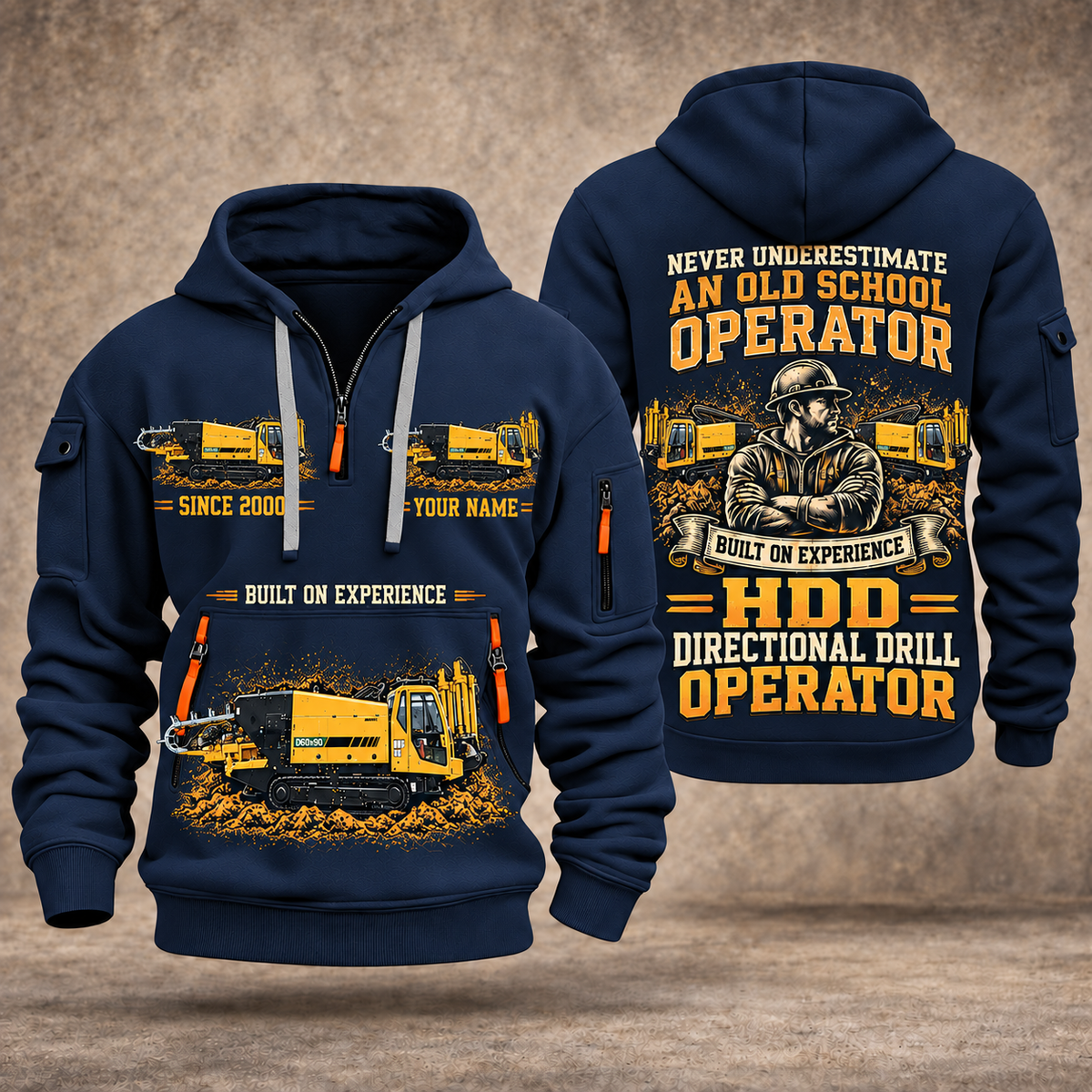 Vermeer D60x90 S3 HDD Directional Drill quarter zip hoodie in Navy, front and back views, sample YOUR NAME and SINCE 2000 artwork