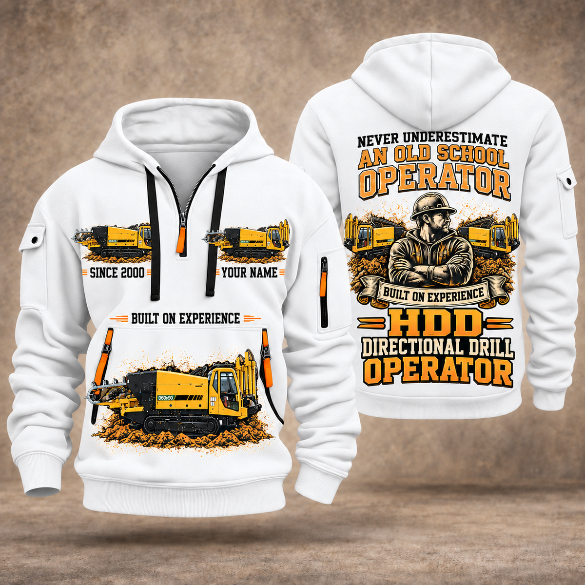Vermeer D60x90 S3 HDD Directional Drill quarter zip hoodie in White, front and back views, sample YOUR NAME and SINCE 2000 artwork