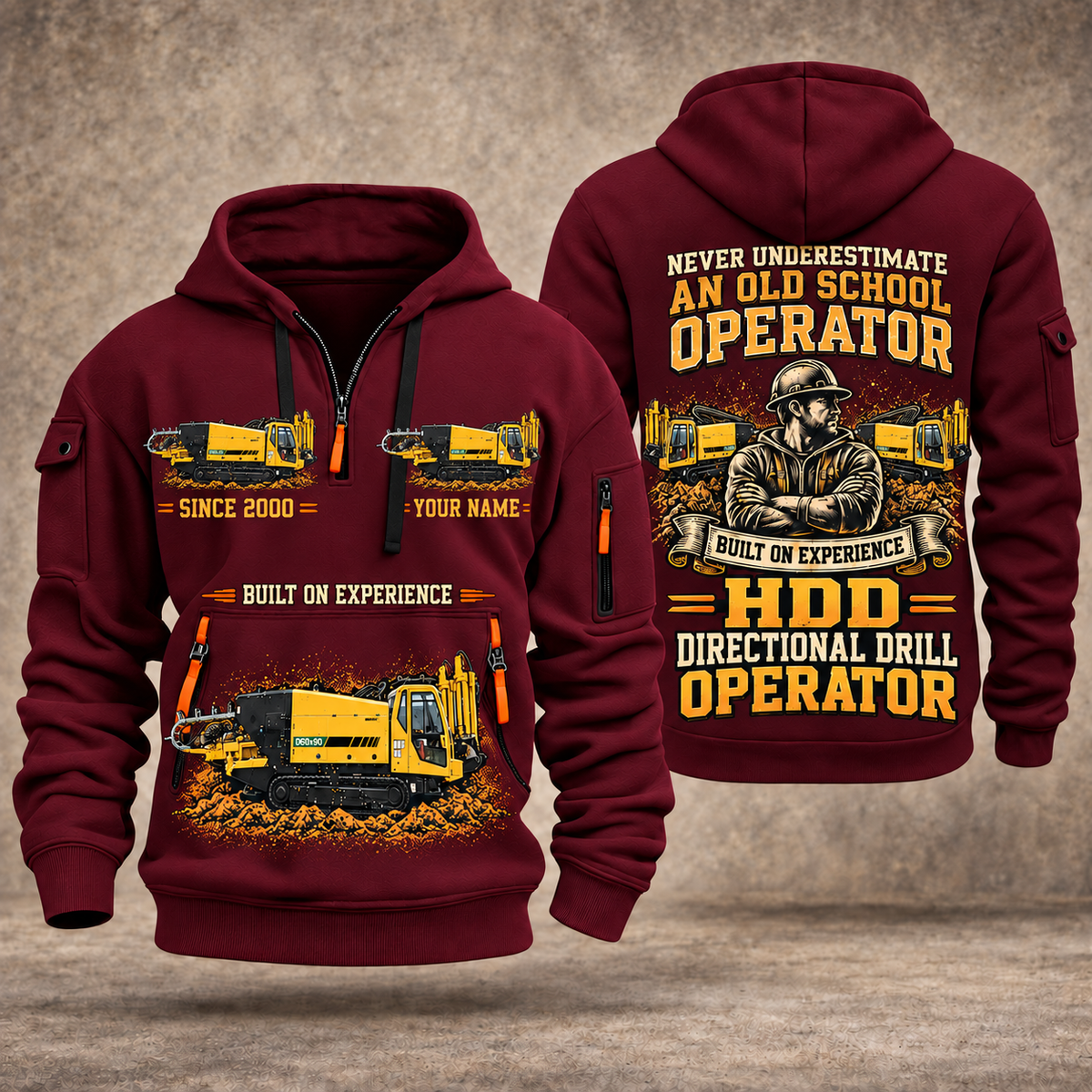 Vermeer D60x90 S3 HDD Directional Drill quarter zip hoodie in Wine Red, front and back views, sample YOUR NAME and SINCE 2000 artwork