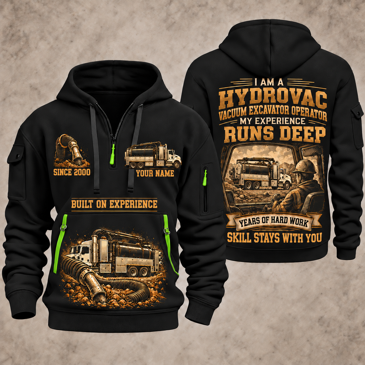 TRUVAC HXX Truck-Mounted Hydrovac quarter zip hoodie in Black, front and back views, sample YOUR NAME and SINCE 2000 artwork