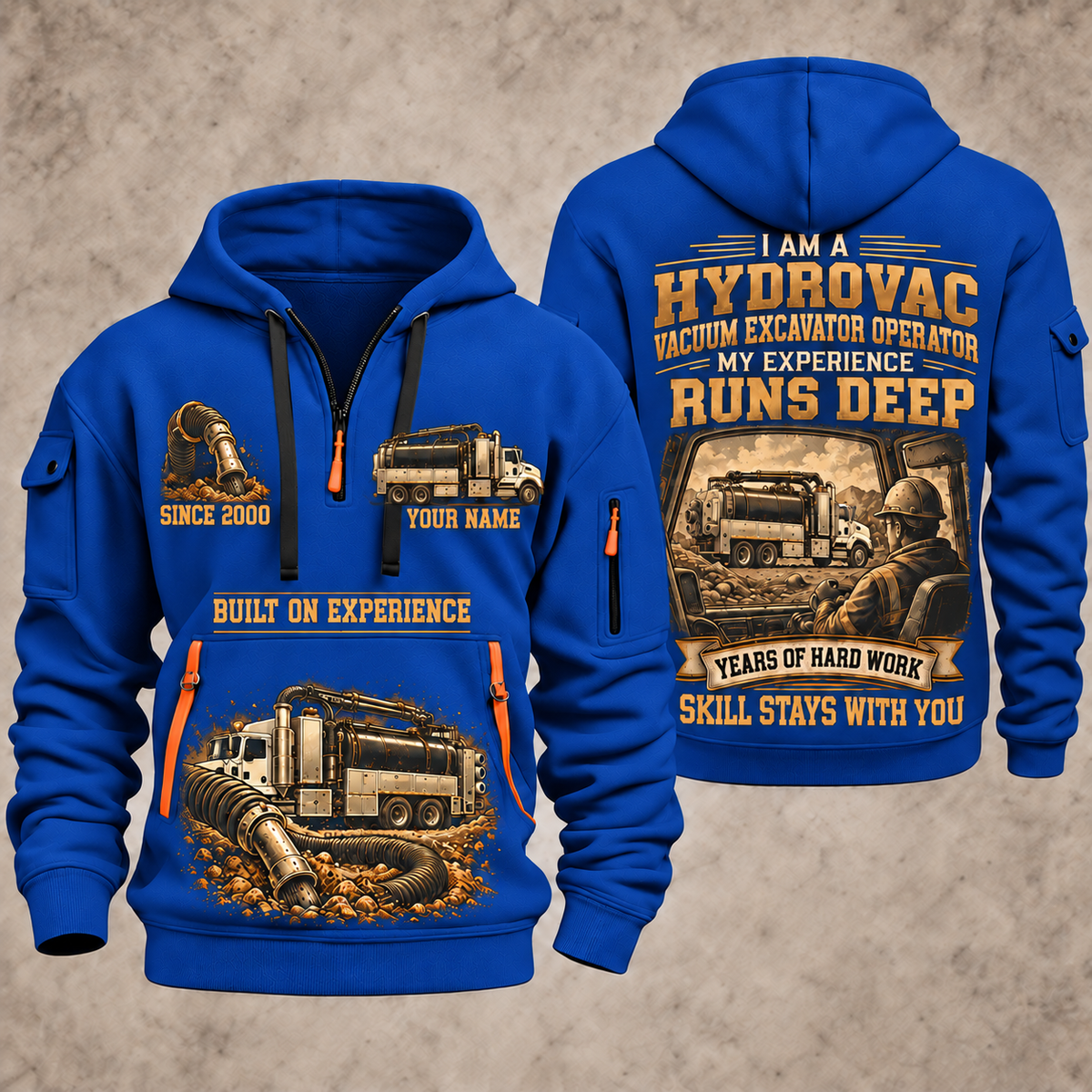 TRUVAC HXX Truck-Mounted Hydrovac quarter zip hoodie in Blue, front and back views, sample YOUR NAME and SINCE 2000 artwork