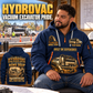 TRUVAC HXX Truck-Mounted Hydrovac quarter zip hoodie in Navy, adult lifestyle portrait showing front and back artwork