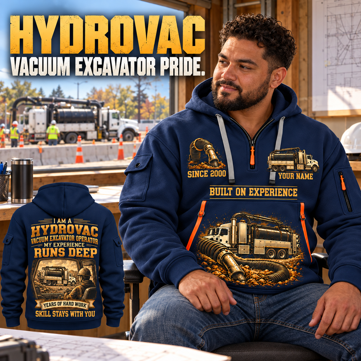 TRUVAC HXX Truck-Mounted Hydrovac quarter zip hoodie in Navy, adult lifestyle portrait showing front and back artwork
