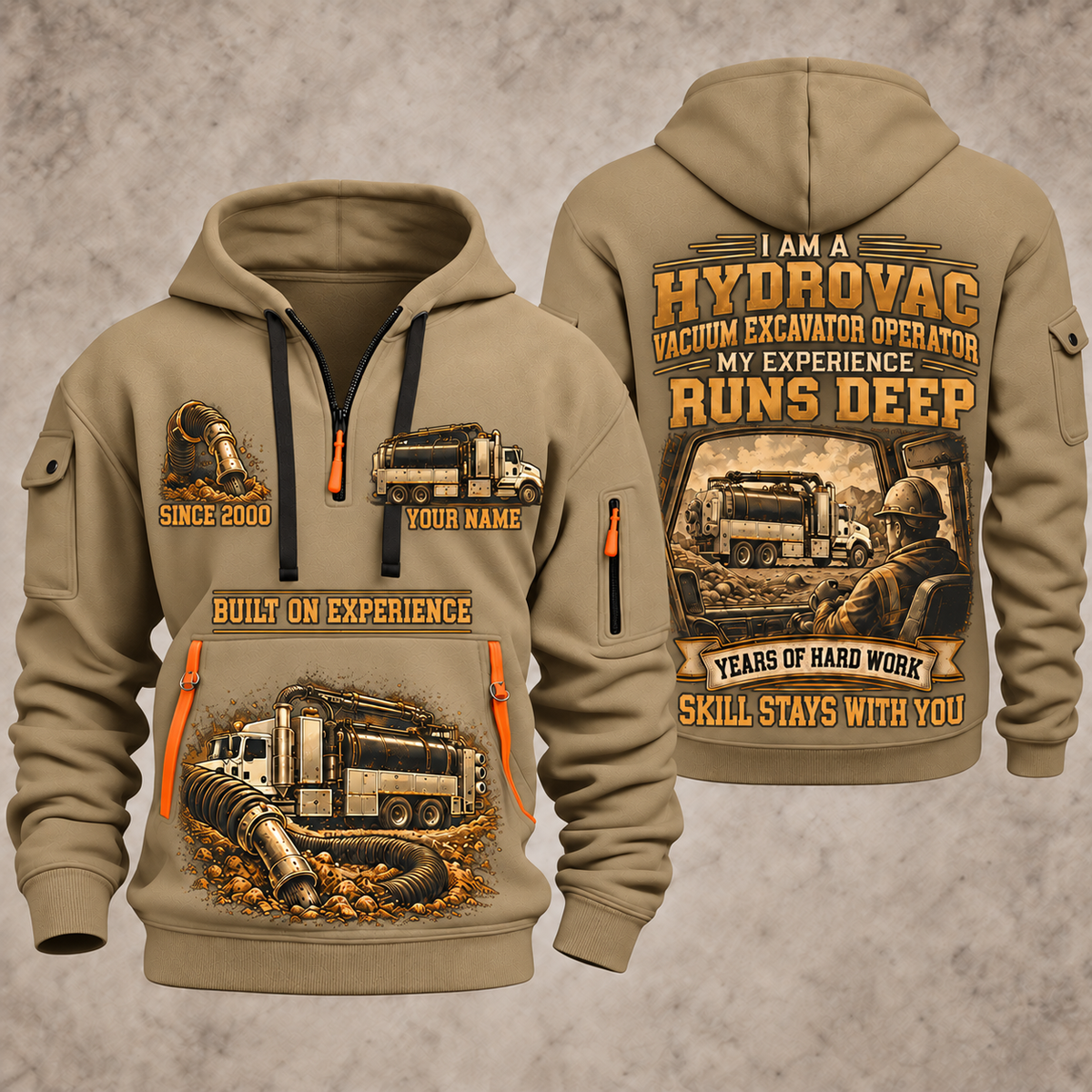 TRUVAC HXX Truck-Mounted Hydrovac quarter zip hoodie in Khaki, front and back views, sample YOUR NAME and SINCE 2000 artwork