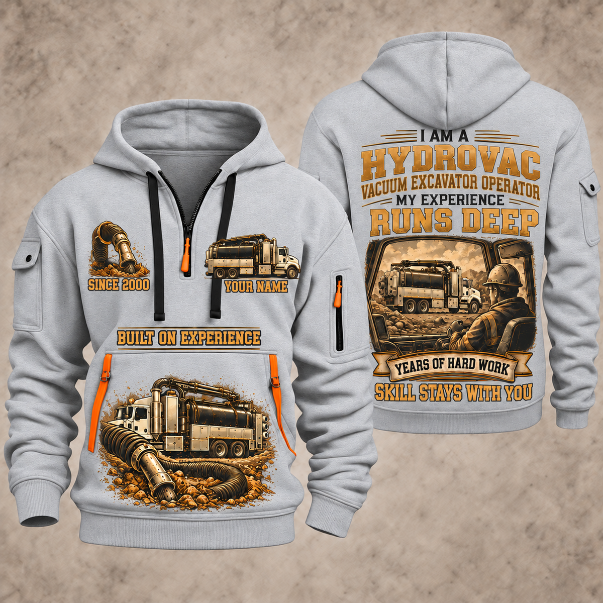 TRUVAC HXX Truck-Mounted Hydrovac quarter zip hoodie in Light Grey, front and back views, sample YOUR NAME and SINCE 2000 artwork