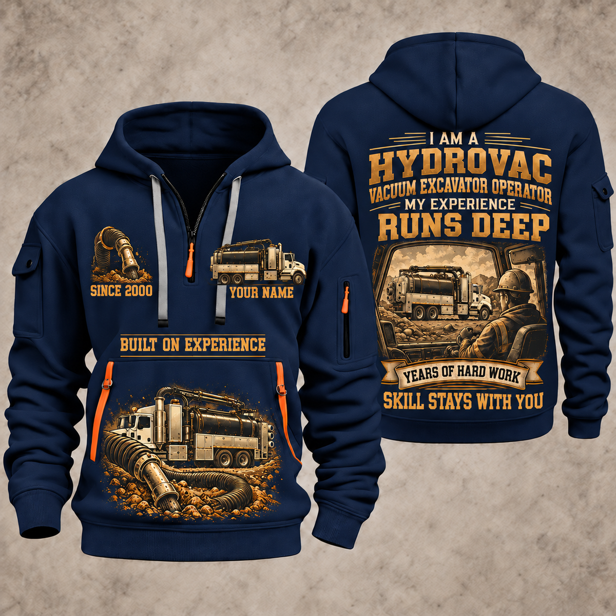 TRUVAC HXX Truck-Mounted Hydrovac quarter zip hoodie in Navy, front and back views, sample YOUR NAME and SINCE 2000 artwork