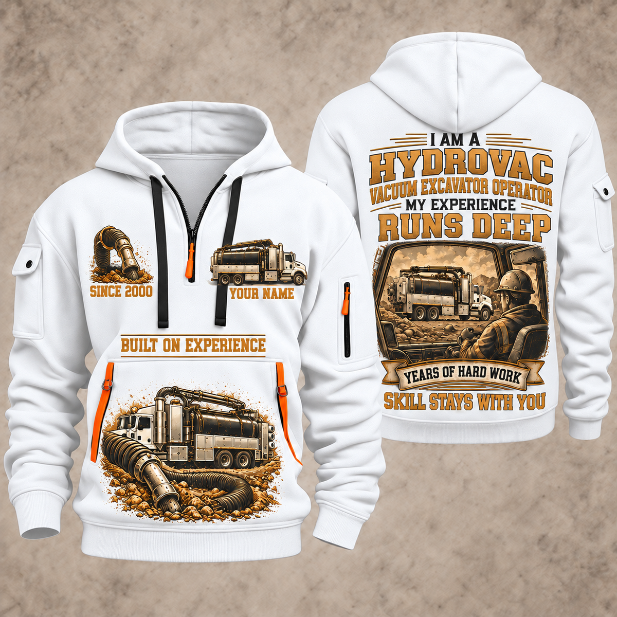 TRUVAC HXX Truck-Mounted Hydrovac quarter zip hoodie in White, front and back views, sample YOUR NAME and SINCE 2000 artwork