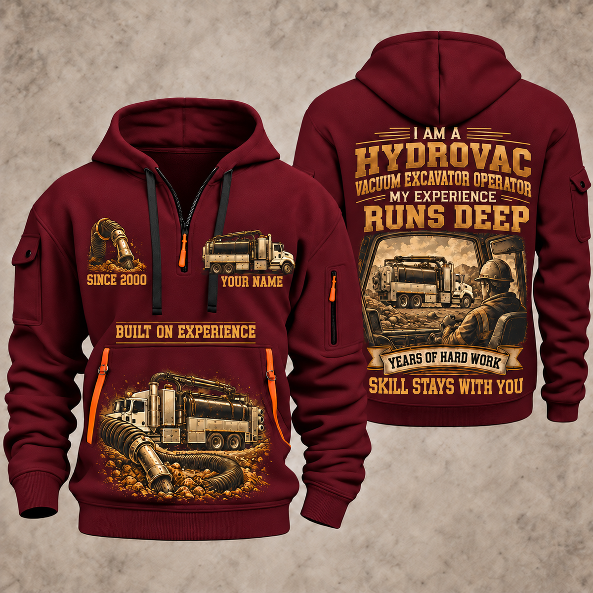 TRUVAC HXX Truck-Mounted Hydrovac quarter zip hoodie in Wine Red, front and back views, sample YOUR NAME and SINCE 2000 artwork