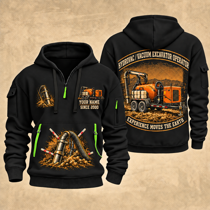 Ditch Witch HX30 Trailer Vacuum Excavator quarter zip hoodie in Black, front and back views, sample YOUR NAME and SINCE 2000 artwork