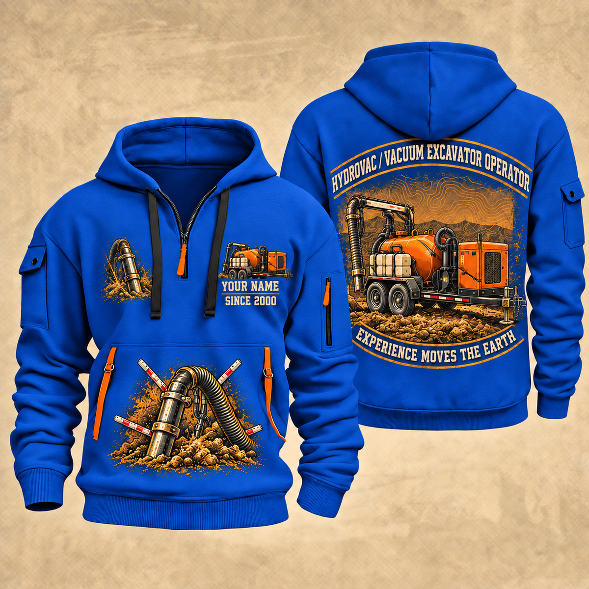 Ditch Witch HX30 Trailer Vacuum Excavator quarter zip hoodie in Blue, front and back views, sample YOUR NAME and SINCE 2000 artwork