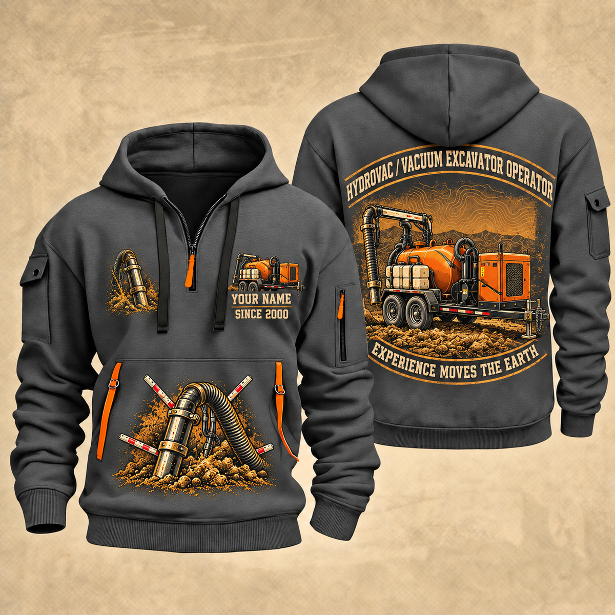 Ditch Witch HX30 Trailer Vacuum Excavator quarter zip hoodie in Gray, front and back views, sample YOUR NAME and SINCE 2000 artwork