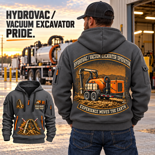 Ditch Witch HX30 Trailer Vacuum Excavator quarter zip hoodie in Gray, adult lifestyle portrait showing front and back artwork