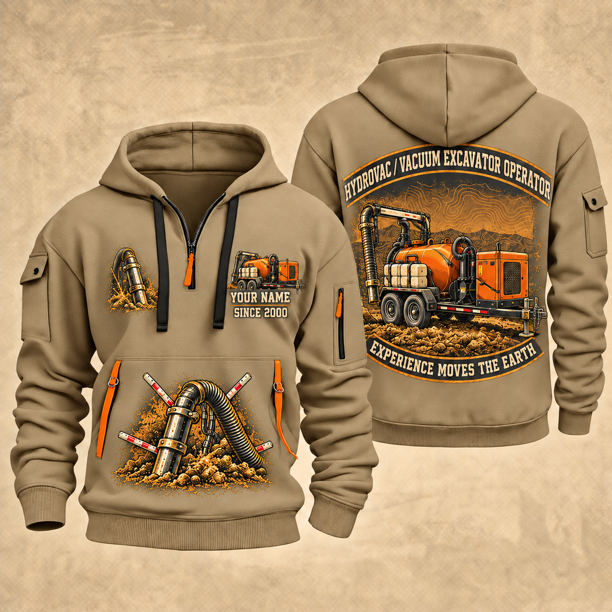 Ditch Witch HX30 Trailer Vacuum Excavator quarter zip hoodie in Khaki, front and back views, sample YOUR NAME and SINCE 2000 artwork