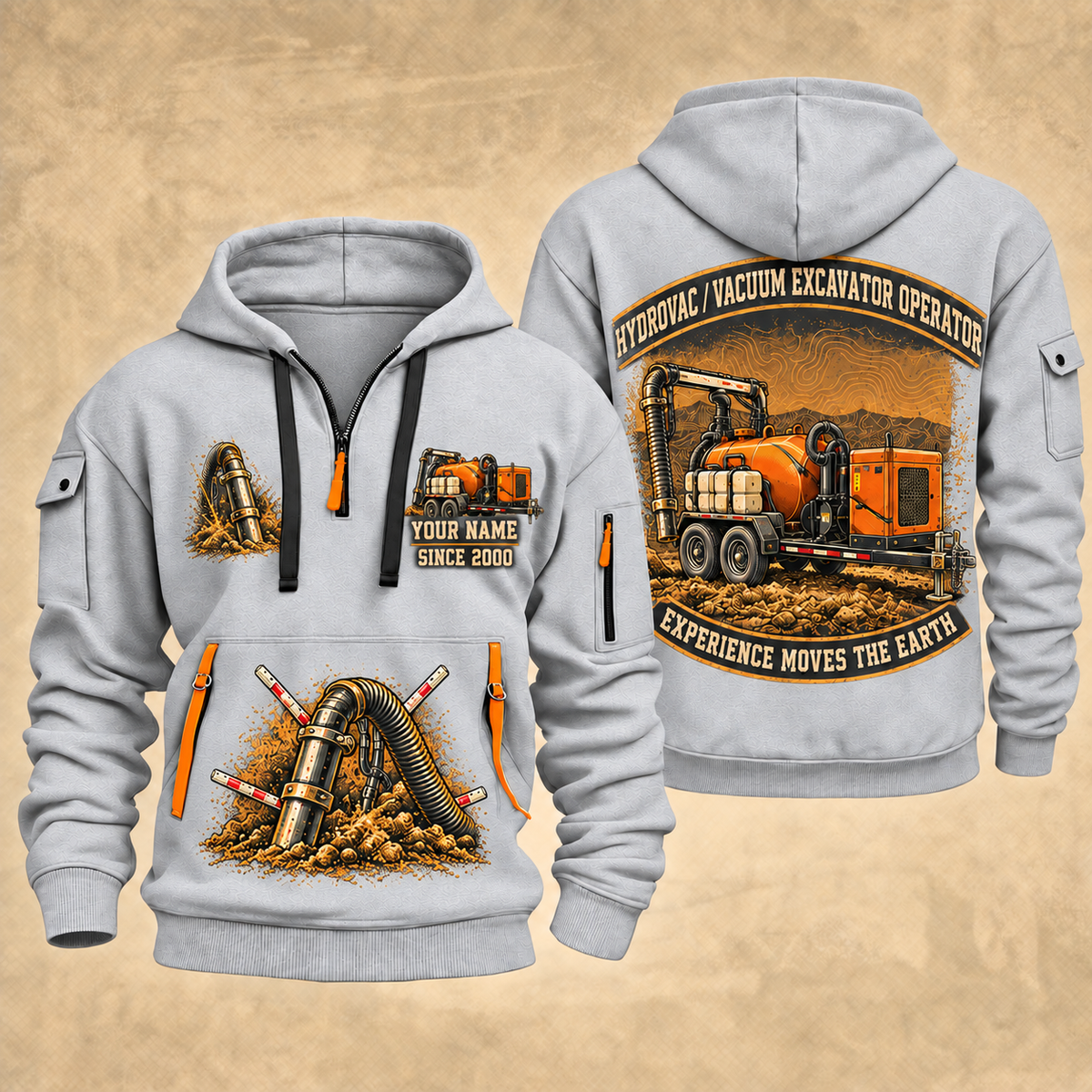 Ditch Witch HX30 Trailer Vacuum Excavator quarter zip hoodie in Light Grey, front and back views, sample YOUR NAME and SINCE 2000 artwork