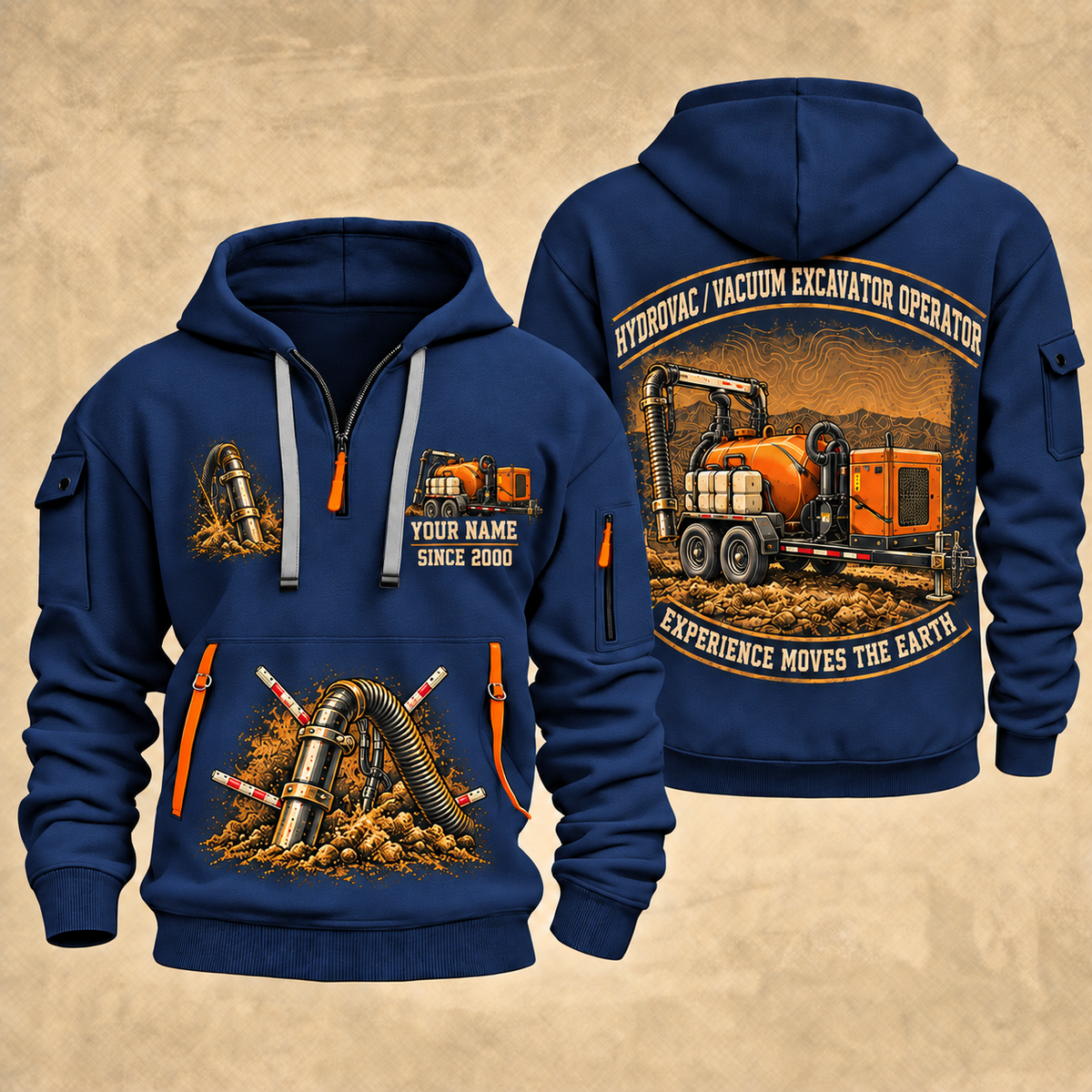Ditch Witch HX30 Trailer Vacuum Excavator quarter zip hoodie in Navy, front and back views, sample YOUR NAME and SINCE 2000 artwork