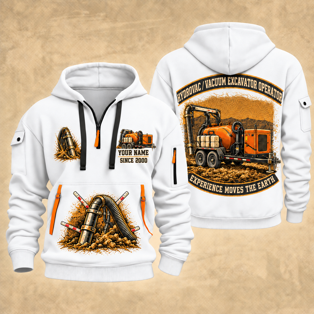 Ditch Witch HX30 Trailer Vacuum Excavator quarter zip hoodie in White, front and back views, sample YOUR NAME and SINCE 2000 artwork