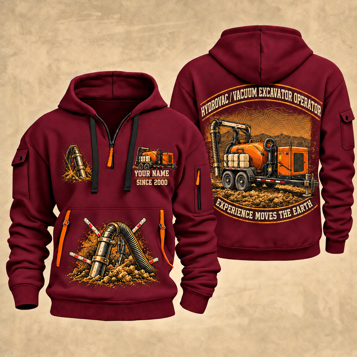 Ditch Witch HX30 Trailer Vacuum Excavator quarter zip hoodie in Wine Red, front and back views, sample YOUR NAME and SINCE 2000 artwork
