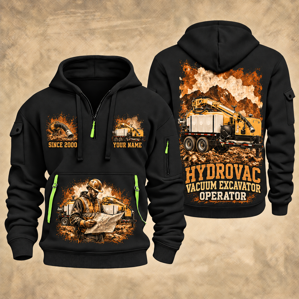 Vermeer VX50-800 Trailer Vacuum Excavator quarter zip hoodie in Black, front and back views, sample YOUR NAME and SINCE 2000 artwork