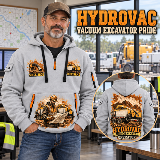 Vermeer VX50-800 Trailer Vacuum Excavator quarter zip hoodie in Light Grey, adult lifestyle portrait showing front and back artwork