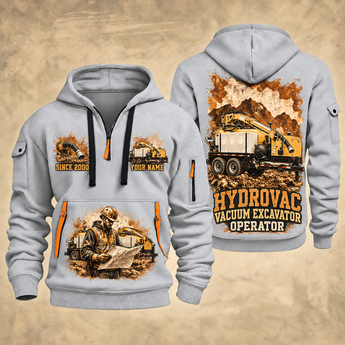 Vermeer VX50-800 Trailer Vacuum Excavator quarter zip hoodie in Light Grey, front and back views, sample YOUR NAME and SINCE 2000 artwork