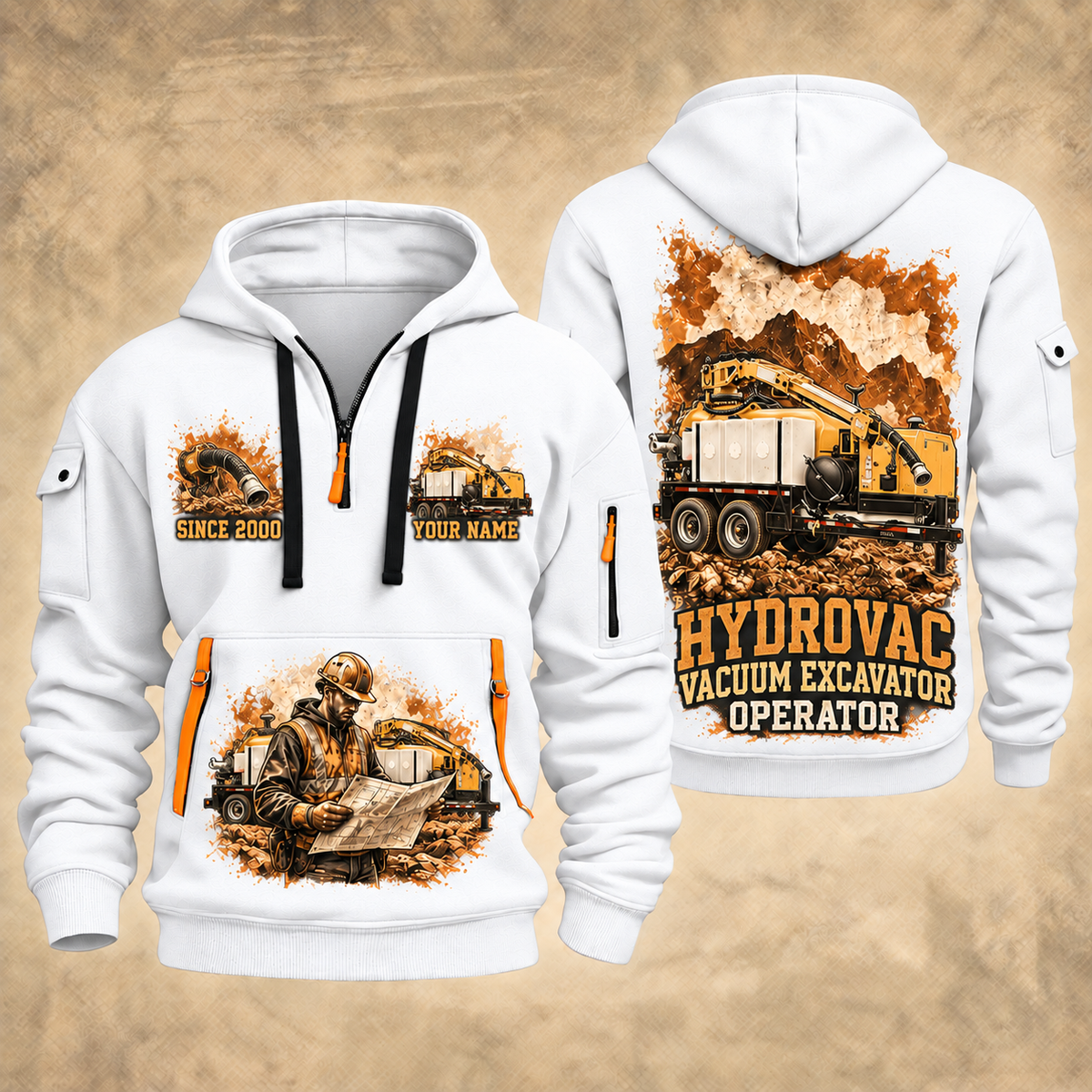 Vermeer VX50-800 Trailer Vacuum Excavator quarter zip hoodie in White, front and back views, sample YOUR NAME and SINCE 2000 artwork