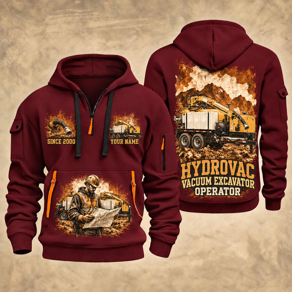 Vermeer VX50-800 Trailer Vacuum Excavator quarter zip hoodie in Wine Red, front and back views, sample YOUR NAME and SINCE 2000 artwork
