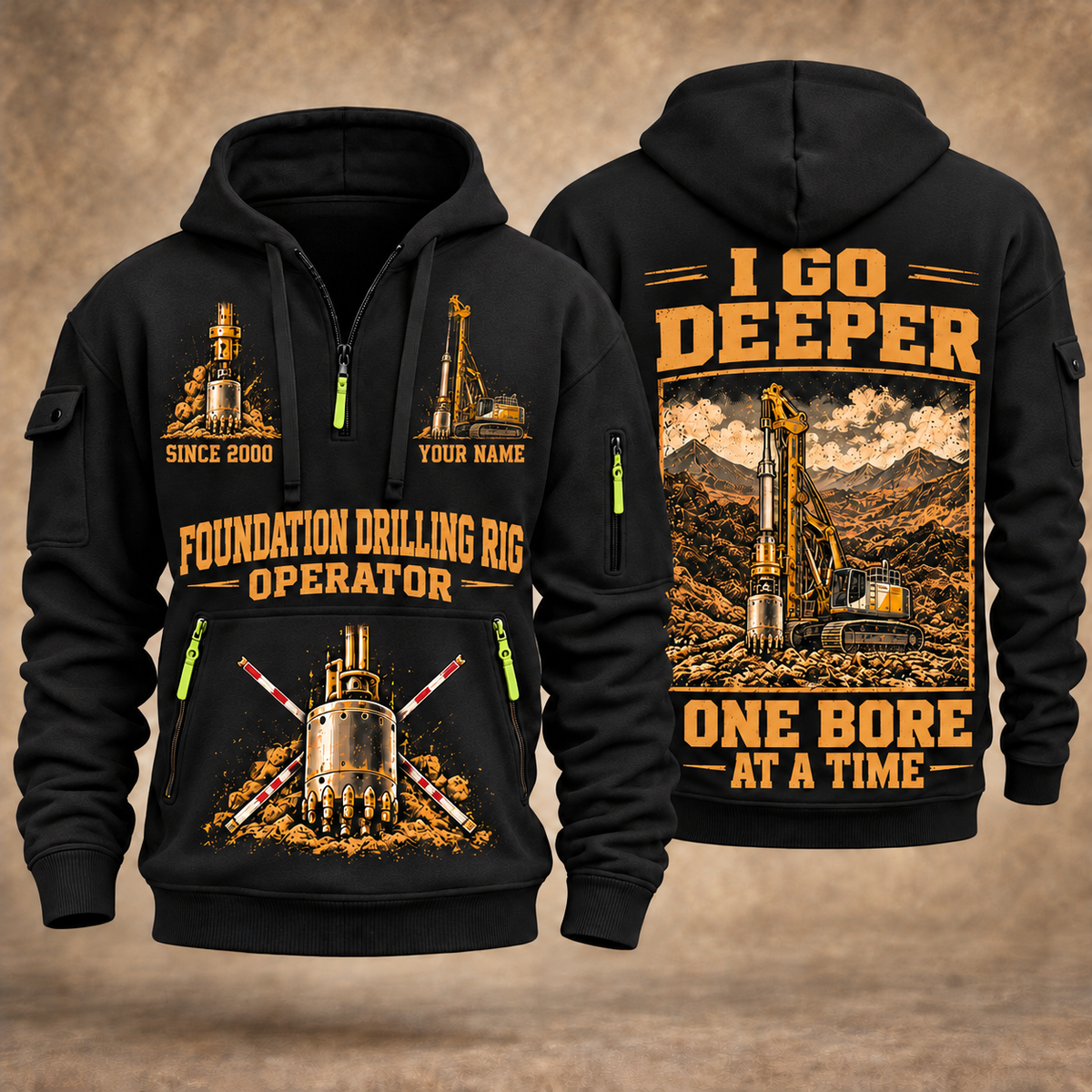Bauer BG 28 H BT 85 Foundation Drilling Rig quarter zip hoodie in Black, front and back views, sample YOUR NAME and SINCE 2000 artwork