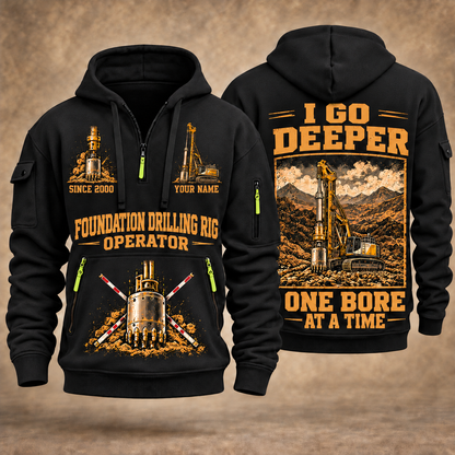 Bauer BG 28 H BT 85 Foundation Drilling Rig quarter zip hoodie in Black, front and back views, sample YOUR NAME and SINCE 2000 artwork