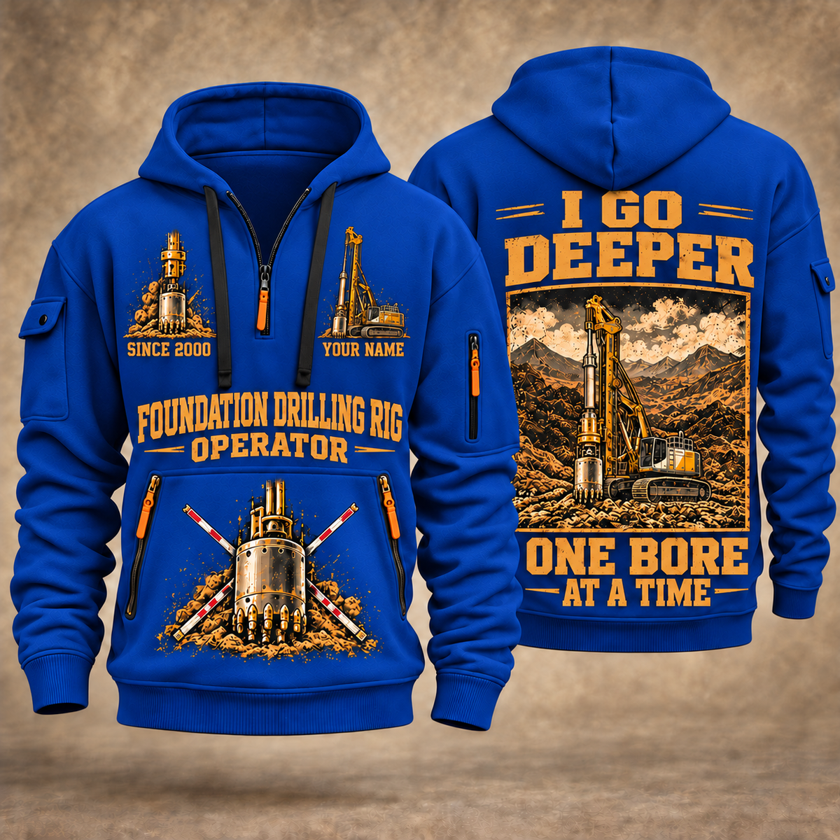 Bauer BG 28 H BT 85 Foundation Drilling Rig quarter zip hoodie in Blue, front and back views, sample YOUR NAME and SINCE 2000 artwork
