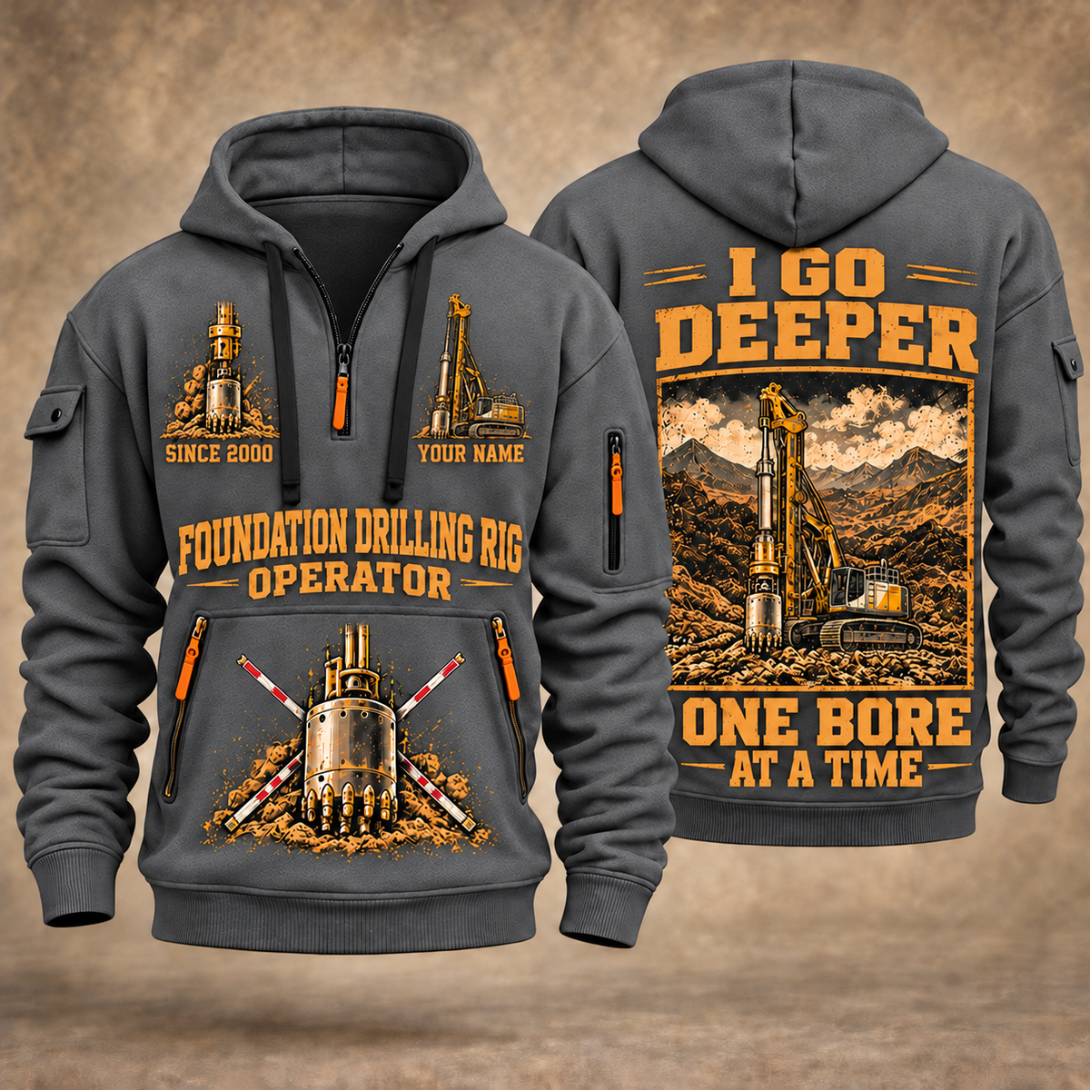 Bauer BG 28 H BT 85 Foundation Drilling Rig quarter zip hoodie in Gray, front and back views, sample YOUR NAME and SINCE 2000 artwork