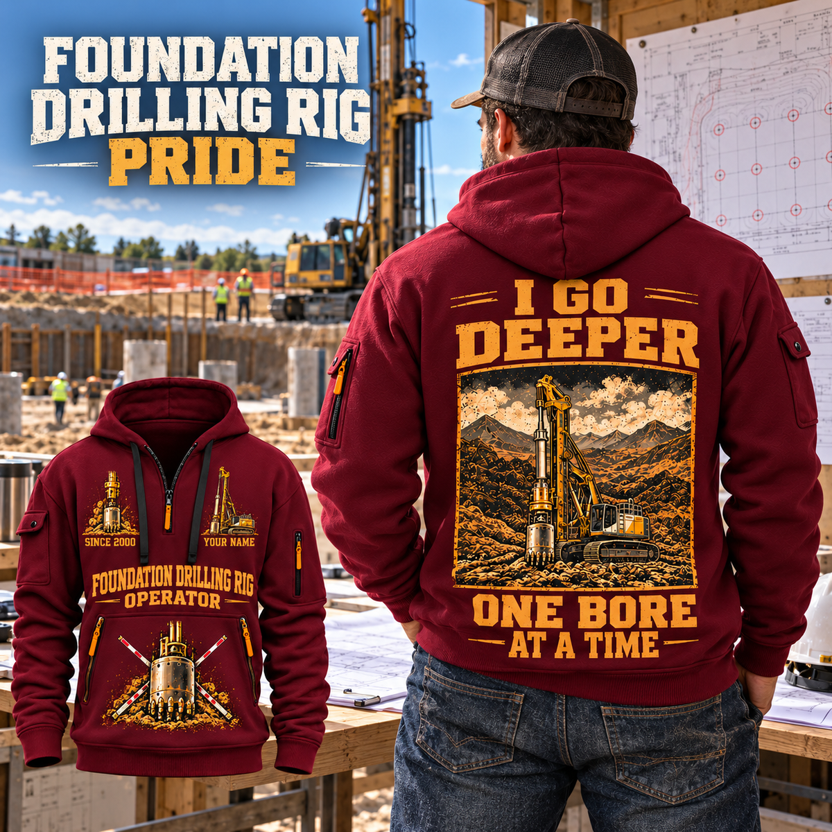 Bauer BG 28 H BT 85 Foundation Drilling Rig quarter zip hoodie in Wine Red, adult lifestyle portrait showing front and back artwork