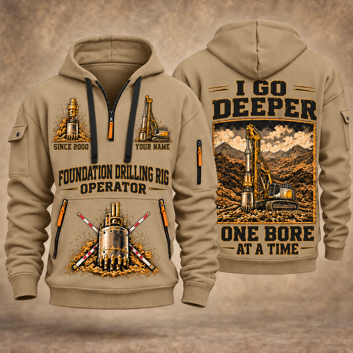 Bauer BG 28 H BT 85 Foundation Drilling Rig quarter zip hoodie in Khaki, front and back views, sample YOUR NAME and SINCE 2000 artwork