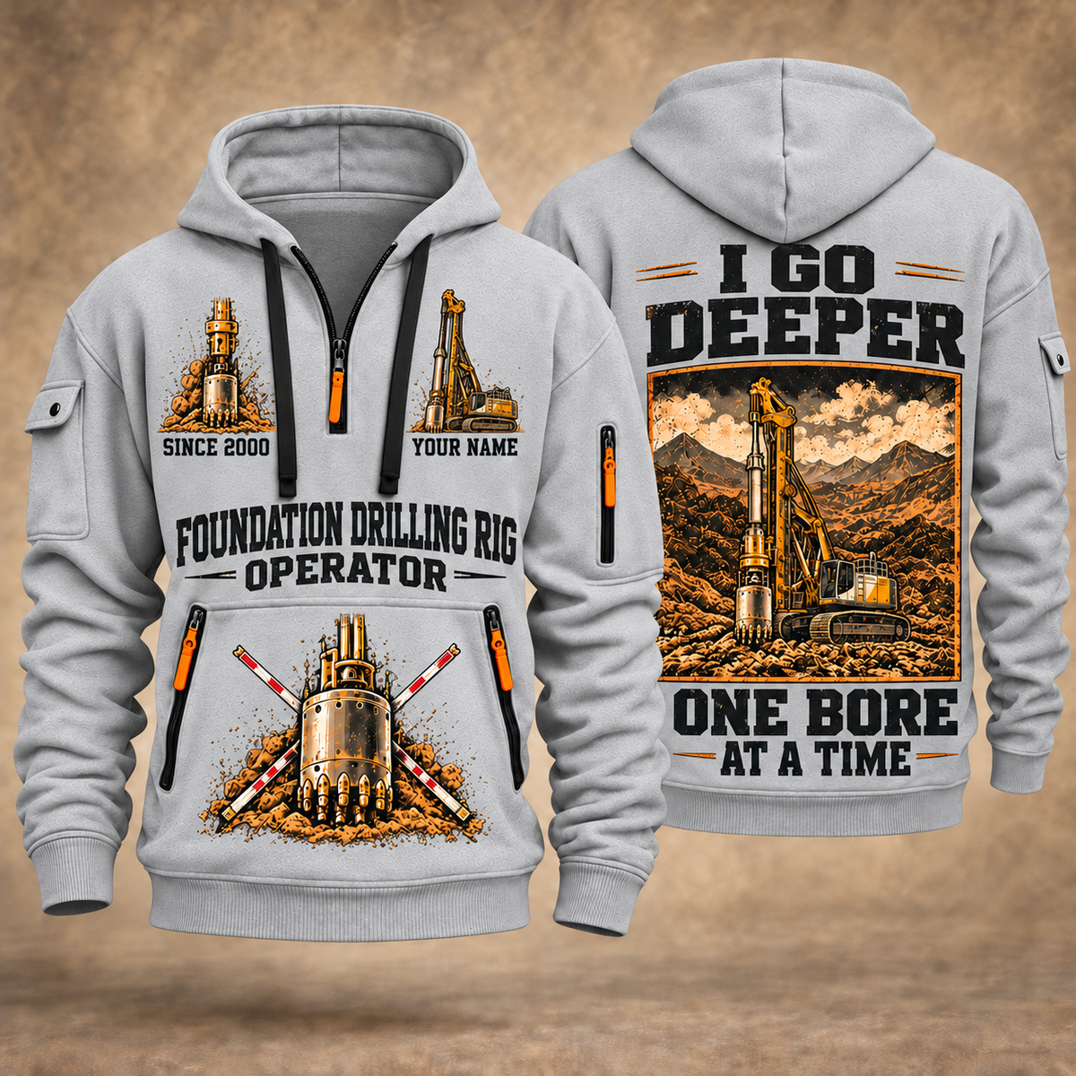Bauer BG 28 H BT 85 Foundation Drilling Rig quarter zip hoodie in Light Grey, front and back views, sample YOUR NAME and SINCE 2000 artwork