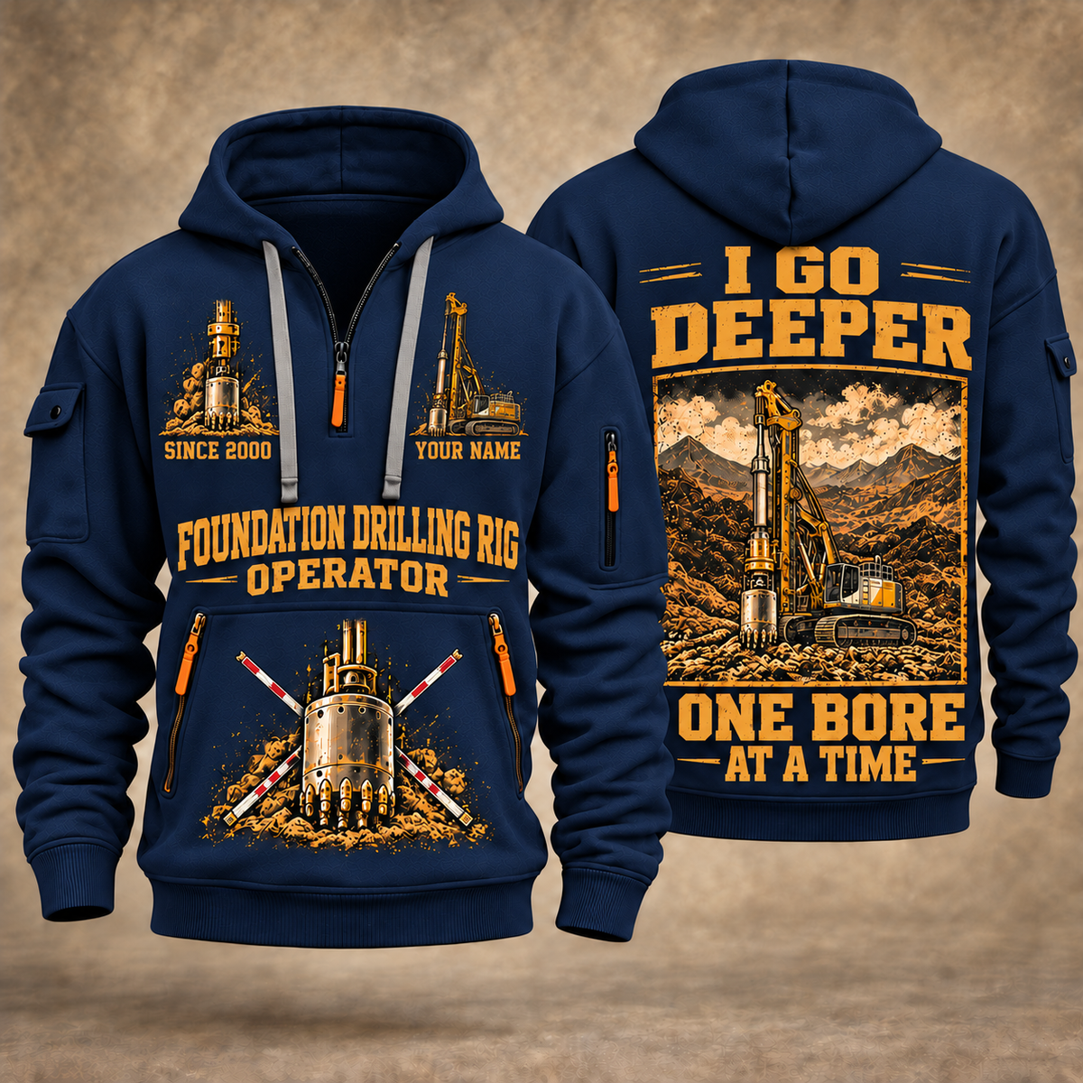 Bauer BG 28 H BT 85 Foundation Drilling Rig quarter zip hoodie in Navy, front and back views, sample YOUR NAME and SINCE 2000 artwork