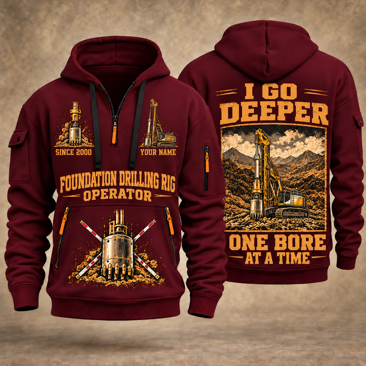 Bauer BG 28 H BT 85 Foundation Drilling Rig quarter zip hoodie in Wine Red, front and back views, sample YOUR NAME and SINCE 2000 artwork
