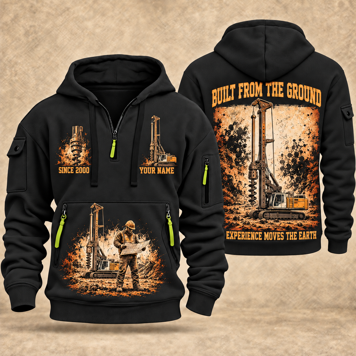 Liebherr LB 28 Foundation Drilling Rig quarter zip hoodie in Black, front and back views, sample YOUR NAME and SINCE 2000 artwork