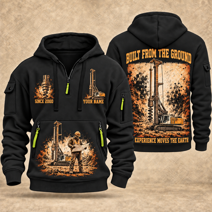 Liebherr LB 28 Foundation Drilling Rig quarter zip hoodie in Black, front and back views, sample YOUR NAME and SINCE 2000 artwork