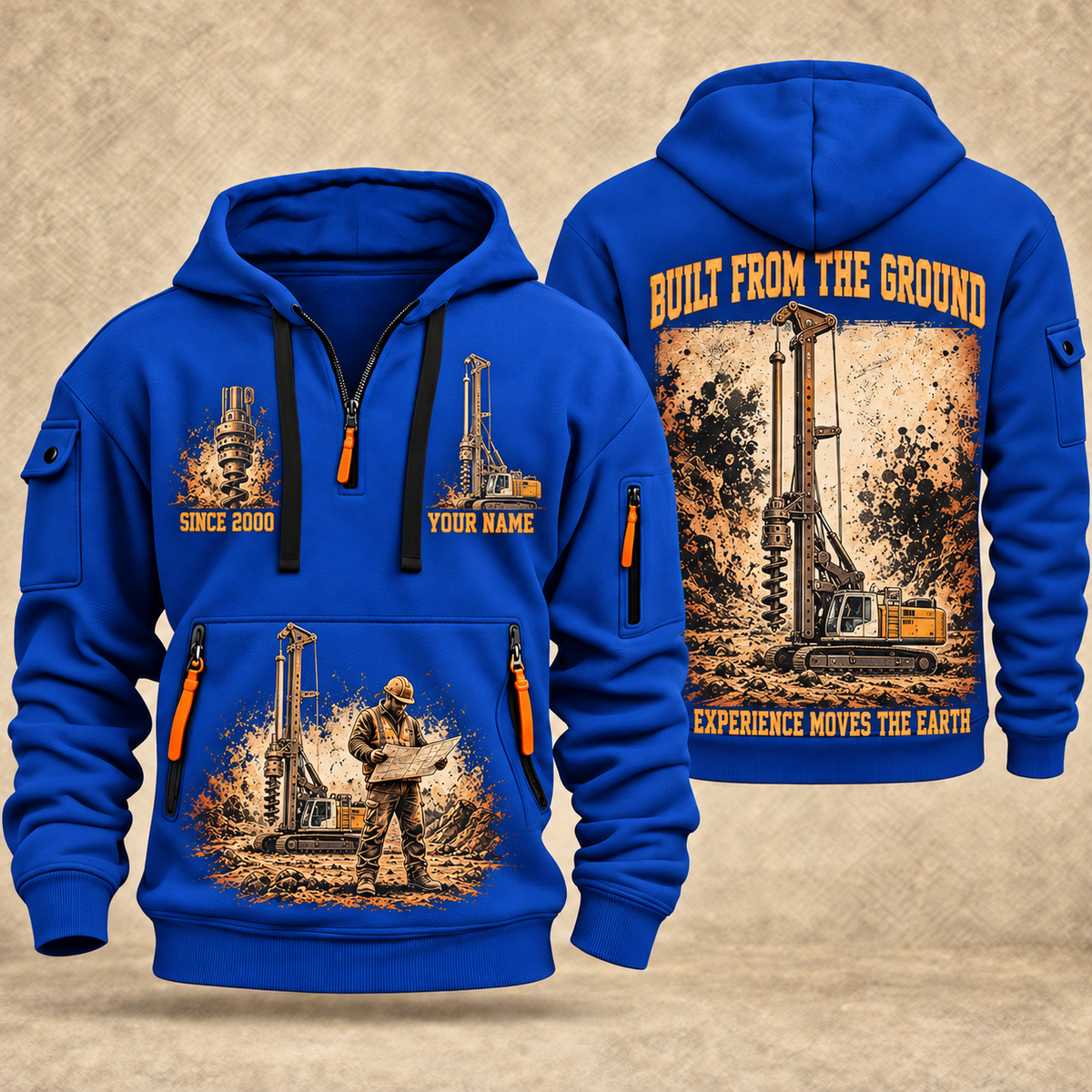 Liebherr LB 28 Foundation Drilling Rig quarter zip hoodie in Blue, front and back views, sample YOUR NAME and SINCE 2000 artwork