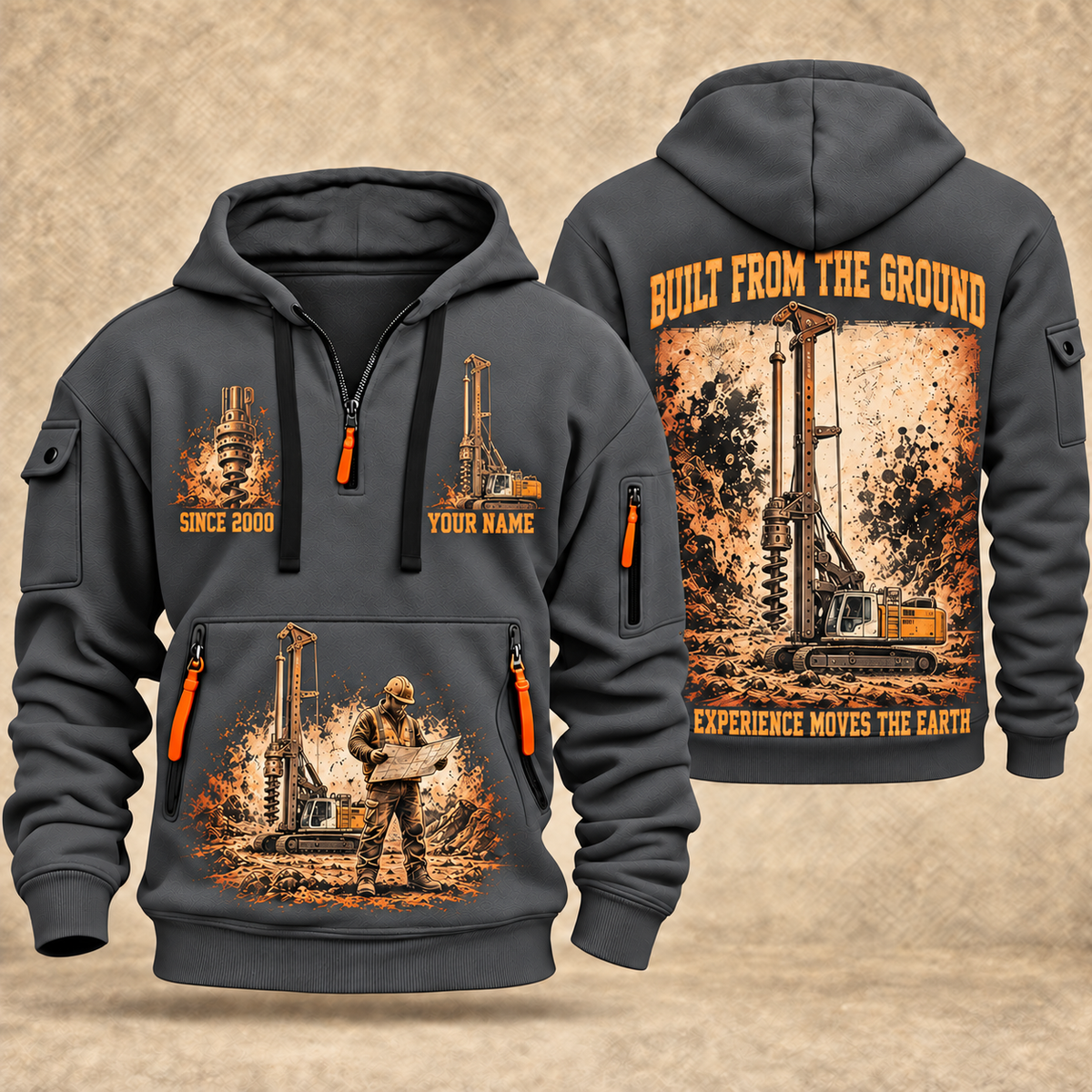 Liebherr LB 28 Foundation Drilling Rig quarter zip hoodie in Gray, front and back views, sample YOUR NAME and SINCE 2000 artwork