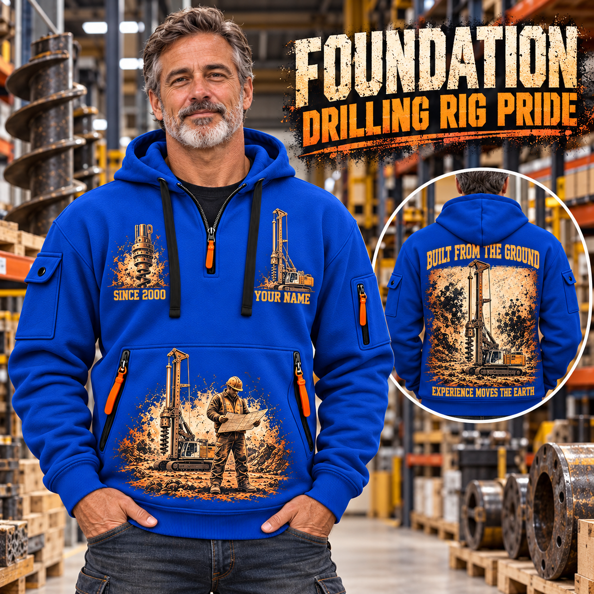 Liebherr LB 28 Foundation Drilling Rig quarter zip hoodie in Blue, adult lifestyle portrait showing front and back artwork