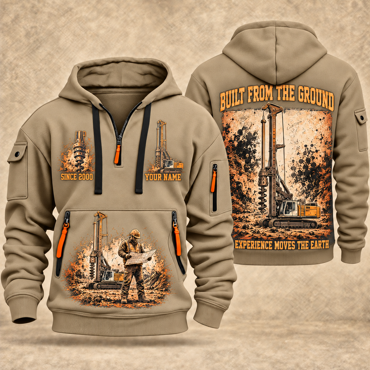 Liebherr LB 28 Foundation Drilling Rig quarter zip hoodie in Khaki, front and back views, sample YOUR NAME and SINCE 2000 artwork