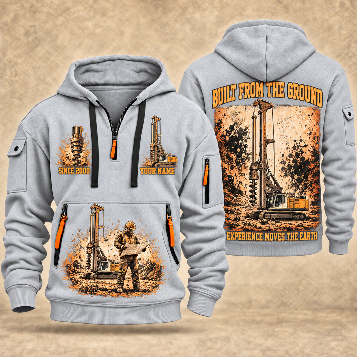 Liebherr LB 28 Foundation Drilling Rig quarter zip hoodie in Light Grey, front and back views, sample YOUR NAME and SINCE 2000 artwork