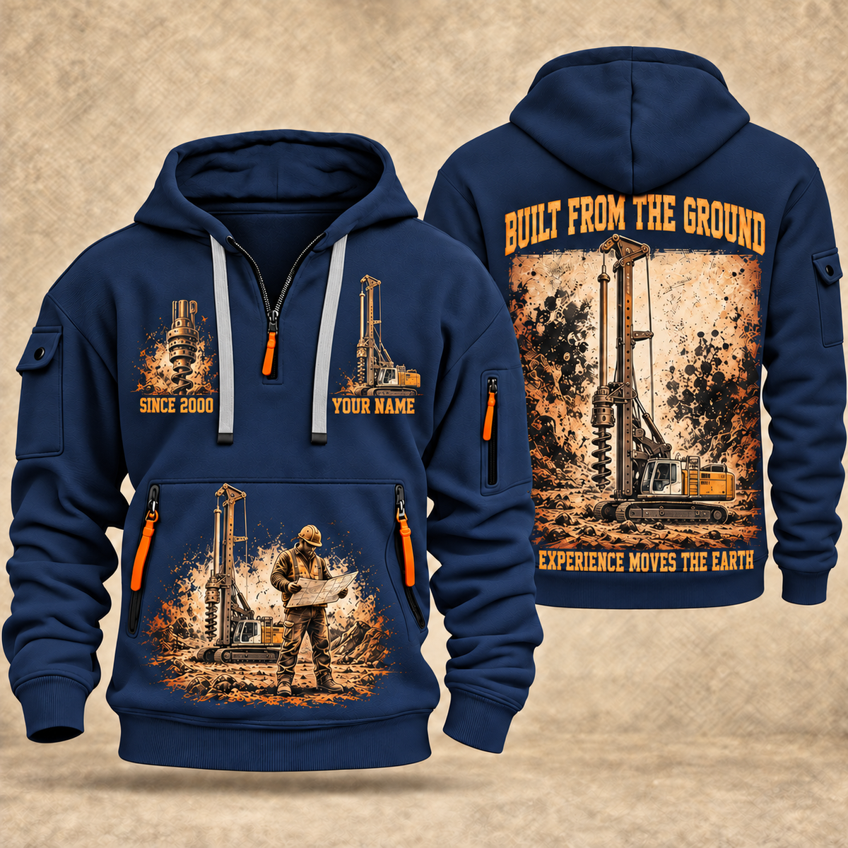 Liebherr LB 28 Foundation Drilling Rig quarter zip hoodie in Navy, front and back views, sample YOUR NAME and SINCE 2000 artwork